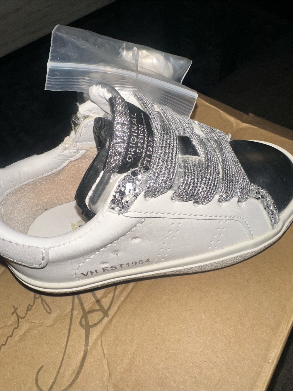 Vintage Havana Kids White Silver Glitter Leather Sneakers Side Zip - New In Box